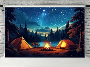 Camping Backdrop 7 x 5 ft Forest Night Scene Adventure Camper Tent Campfire Photo Background Kids Adutls Birthday Camping Party Decoration Banner Photo Shoot Props