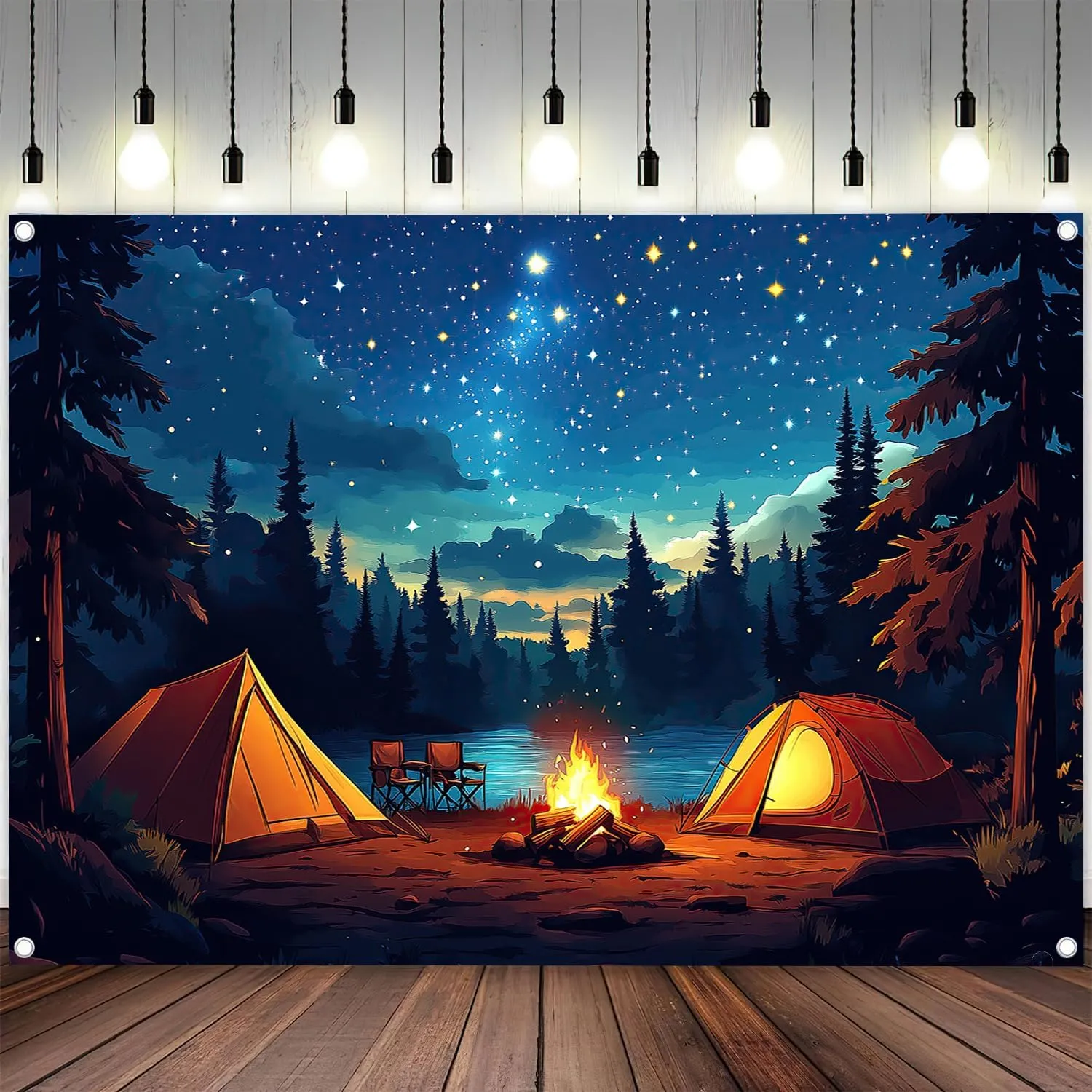 Camping Backdrop 7 x 5 ft Forest Night Scene Adventure Camper Tent Campfire Photo Background Kids Adutls Birthday Camping Party Decoration Banner Photo Shoot Props
