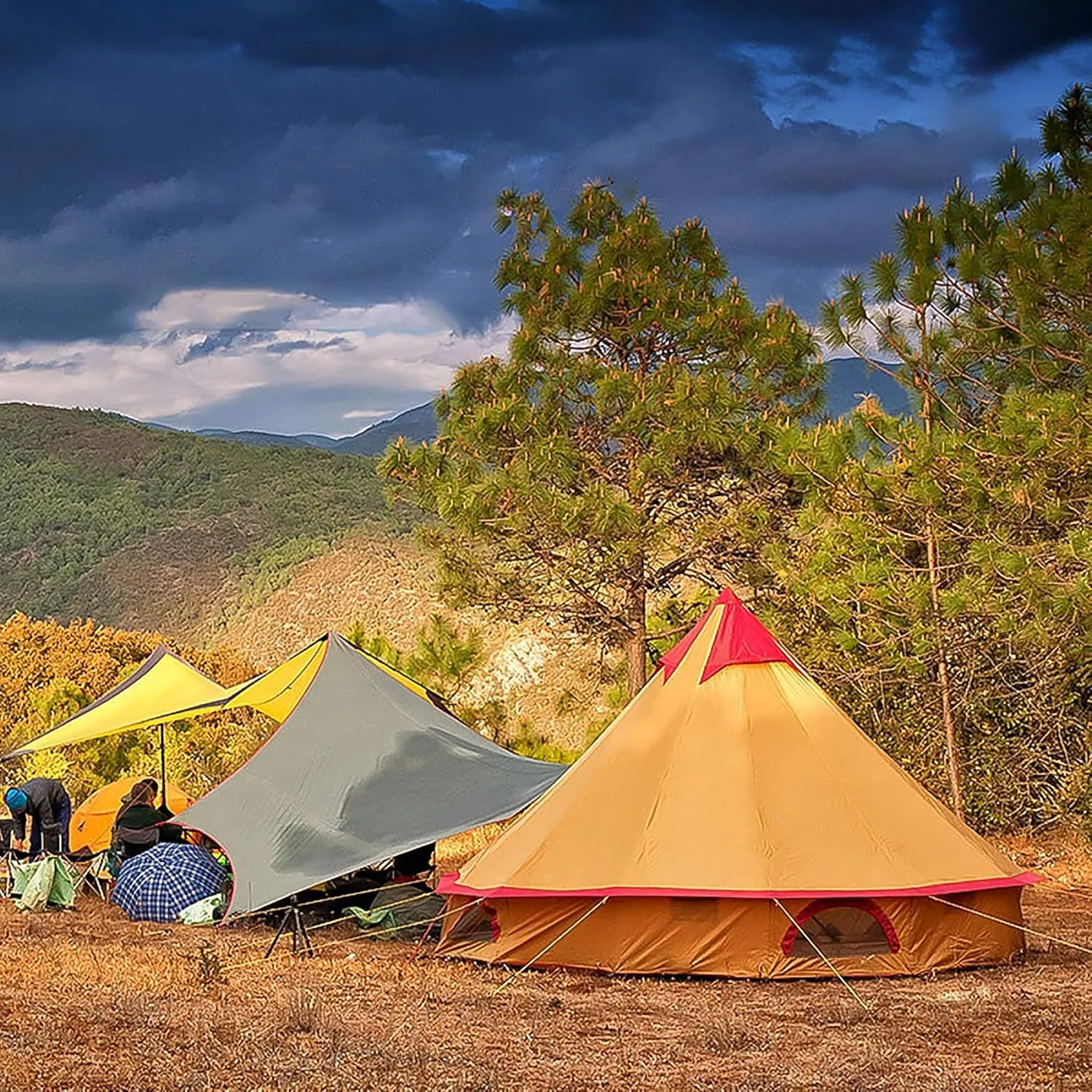 Camping Bell Tent Outdoor Waterproof Large Family Tent Glamping with Meshed Door and Windows Yurt Tent Teepee for Hunting, Glamping, Festival 8-12 Person (C Light Yellow)