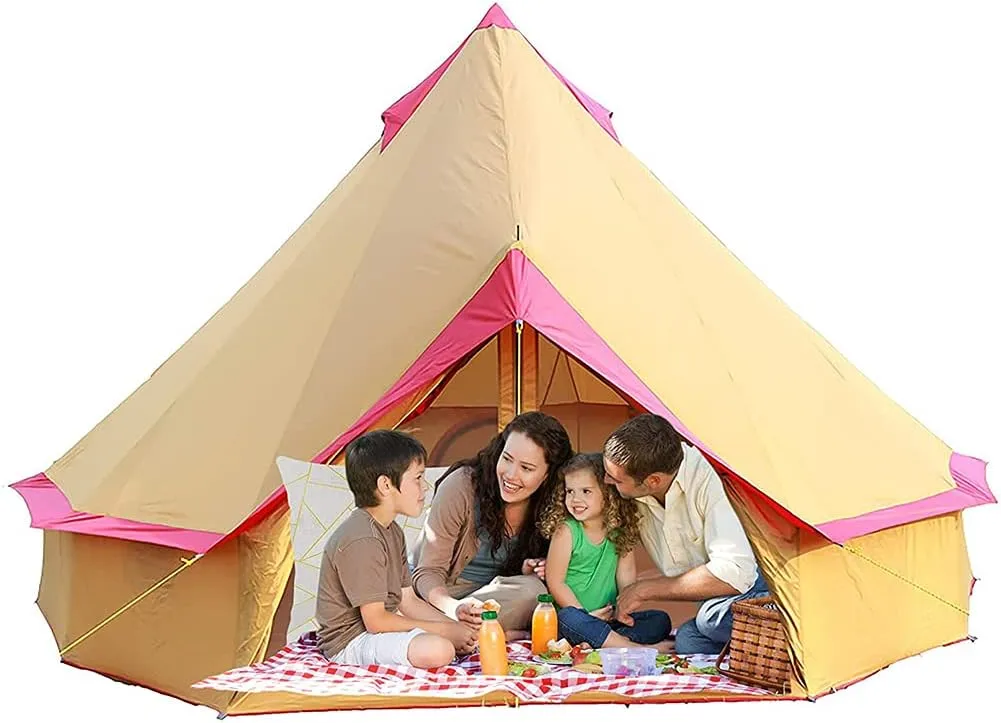 Camping Bell Tent Outdoor Waterproof Large Family Tent Glamping with Meshed Door and Windows Yurt Tent Teepee for Hunting, Glamping, Festival 8-12 Person (C Light Yellow)