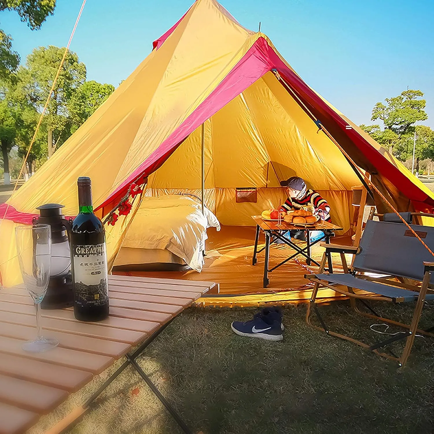 Camping Bell Tent Outdoor Waterproof Large Family Tent Glamping with Meshed Door and Windows Yurt Tent Teepee for Hunting, Glamping, Festival 8-12 Person (C Light Yellow)