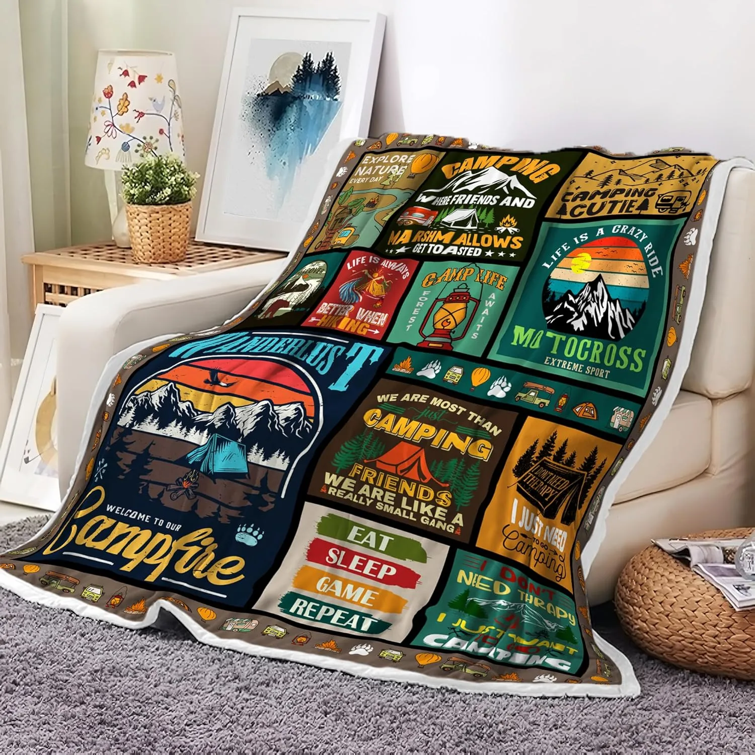 Camping Blanket, Camping Lovers Gift Ideas for Men or Woman, Super Soft Flannel Blankets Gifts for Bed Camper Outdoor, Campsite Outdoors RV Travel Hiking Sofa Couch Throw Blanket