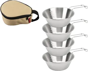 Camping Bowls, 4Pcs 300ml Stainless Steel Hiking Cookware Set, Travel Picnic Tableware Korean Bowl Heatable Soup Cup Soup Cup with Foldable Handle for Hiking Outdoor Cooking