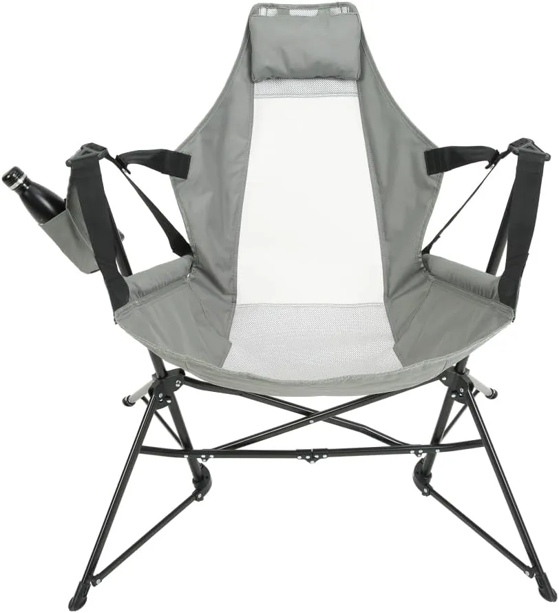 Camping Chair Set of 2 with Hammock Design, Portable Rocking Chair with Adjustable Back, Cup Holder, Pillow & Carry Bag, Folding Recliner Chair for Outdoor Travel, Lawn, Backyard (Grey)