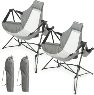 Camping Chair Set of 2 with Hammock Design, Portable Rocking Chair with Adjustable Back, Cup Holder, Pillow & Carry Bag, Folding Recliner Chair for Outdoor Travel, Lawn, Backyard (Grey)