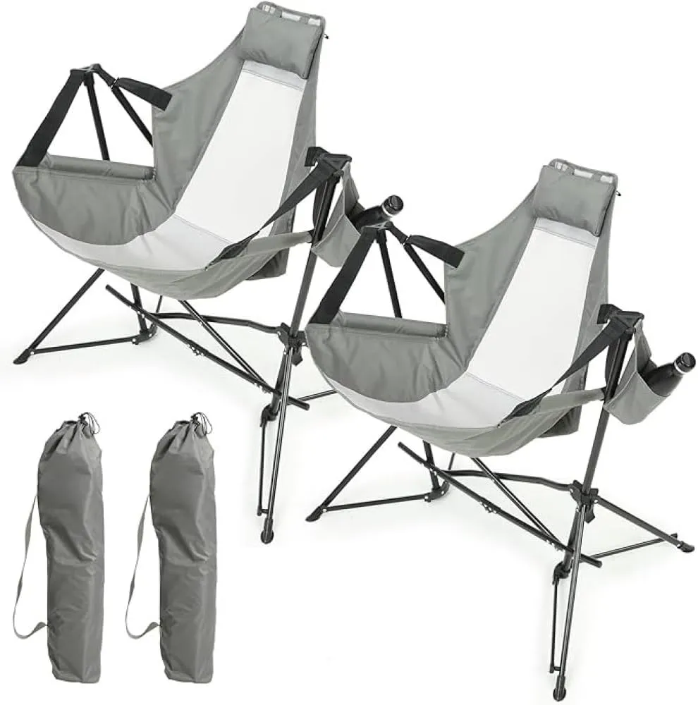 Camping Chair Set of 2 with Hammock Design, Portable Rocking Chair with Adjustable Back, Cup Holder, Pillow & Carry Bag, Folding Recliner Chair for Outdoor Travel, Lawn, Backyard (Grey)