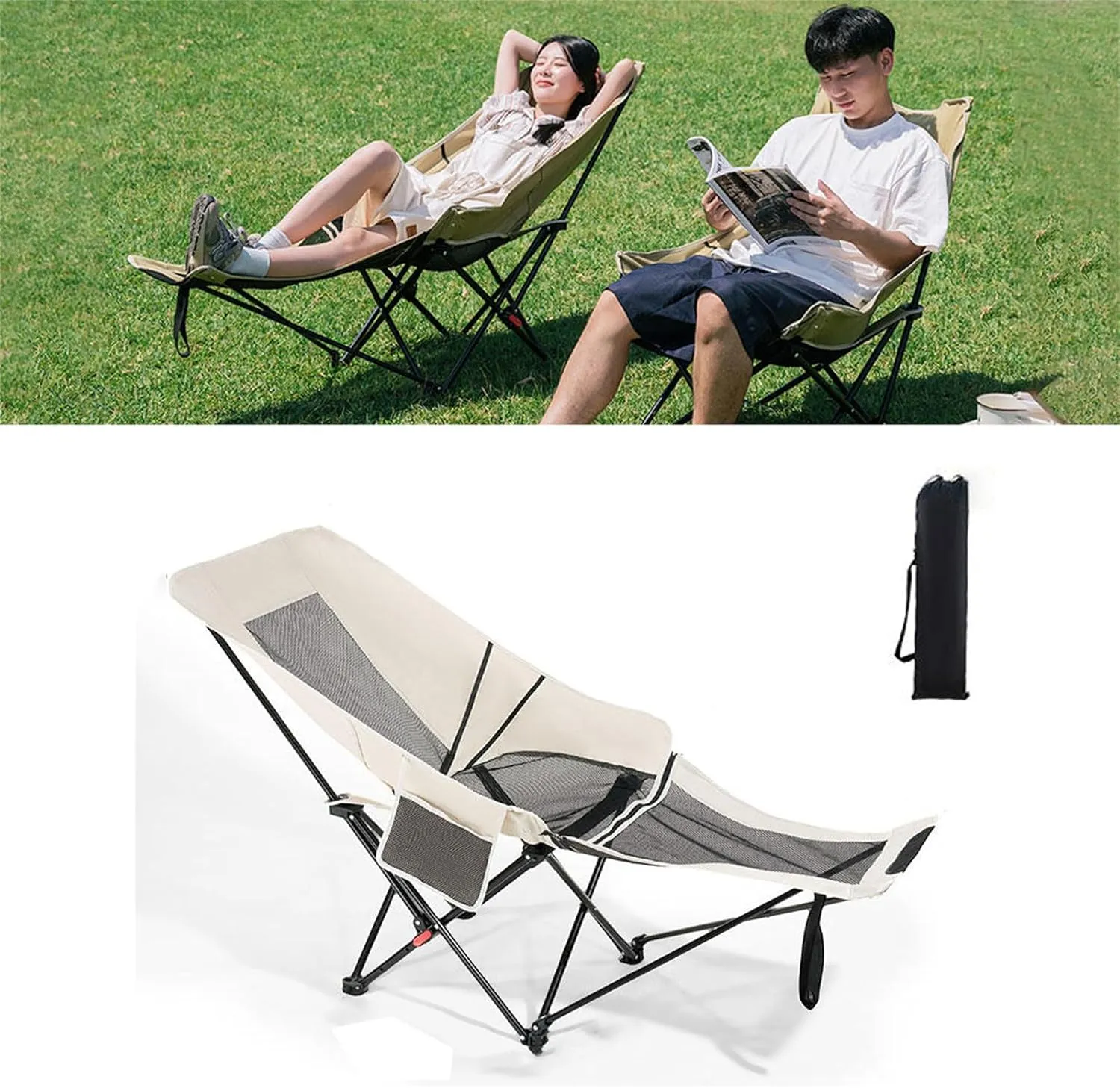 Camping Chair with Nylon Mesh,Breathable，Office Lunch Break Lounge Chair,Ultra-Light and Portable Beach Chair, Fishing Chair for Camping,Outdoor,Fishing White