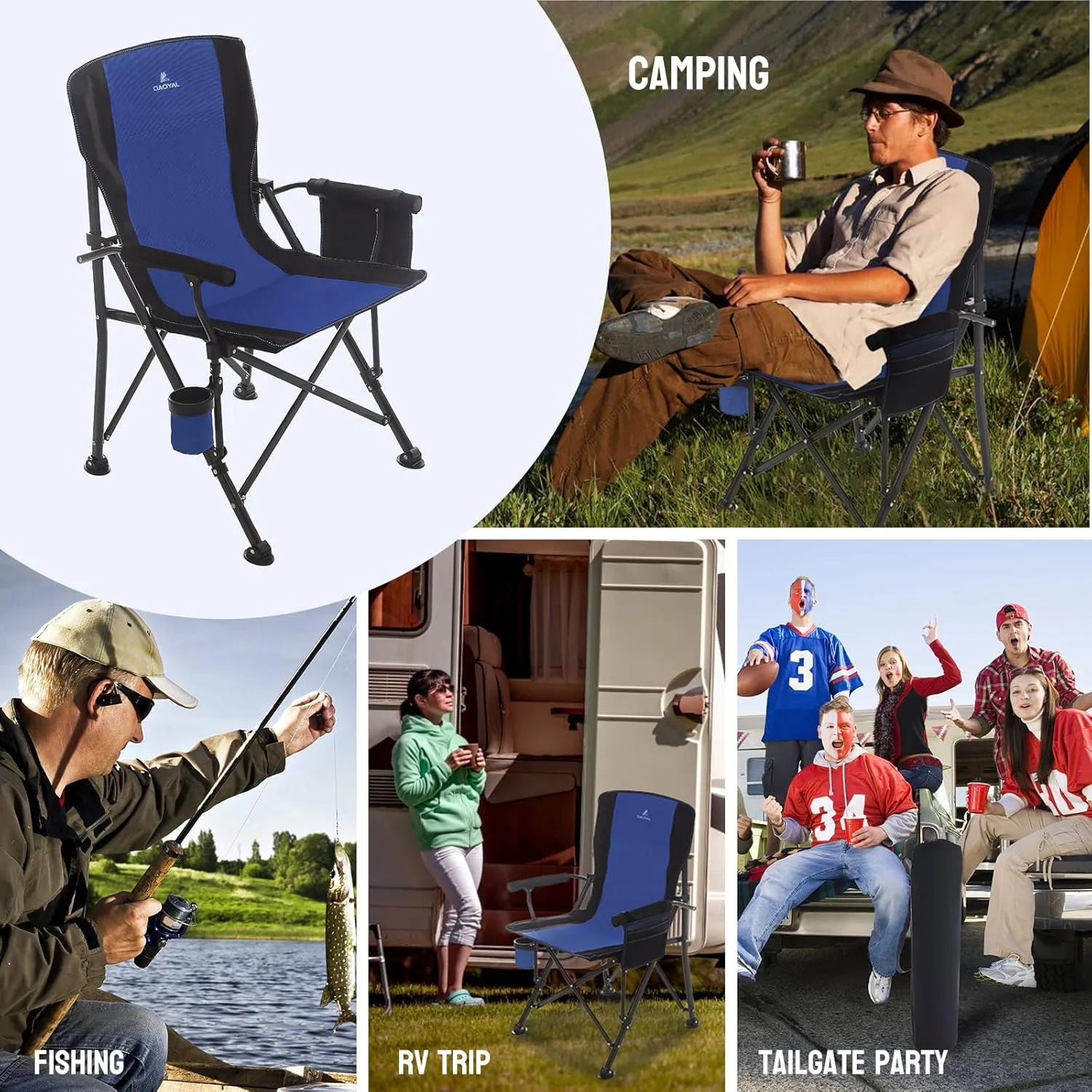 Camping Chairs for Adults, Heavy Duty Support 300 LBS Lawn Folding Chairs with Side Pocket & Cup Holder, for Camping, Fishing, Sports Event (Black&Blue)