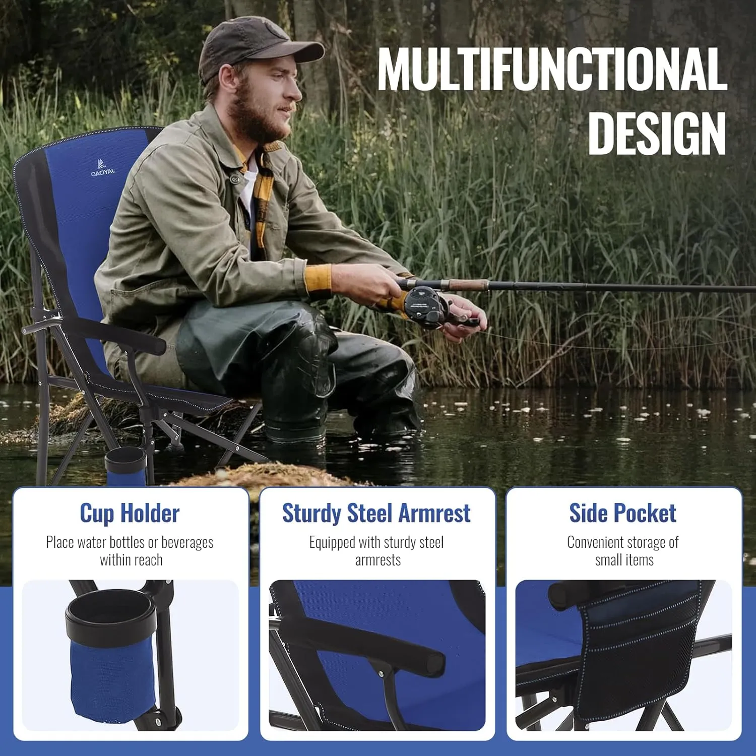 Camping Chairs for Adults, Heavy Duty Support 300 LBS Lawn Folding Chairs with Side Pocket & Cup Holder, for Camping, Fishing, Sports Event (Black&Blue)