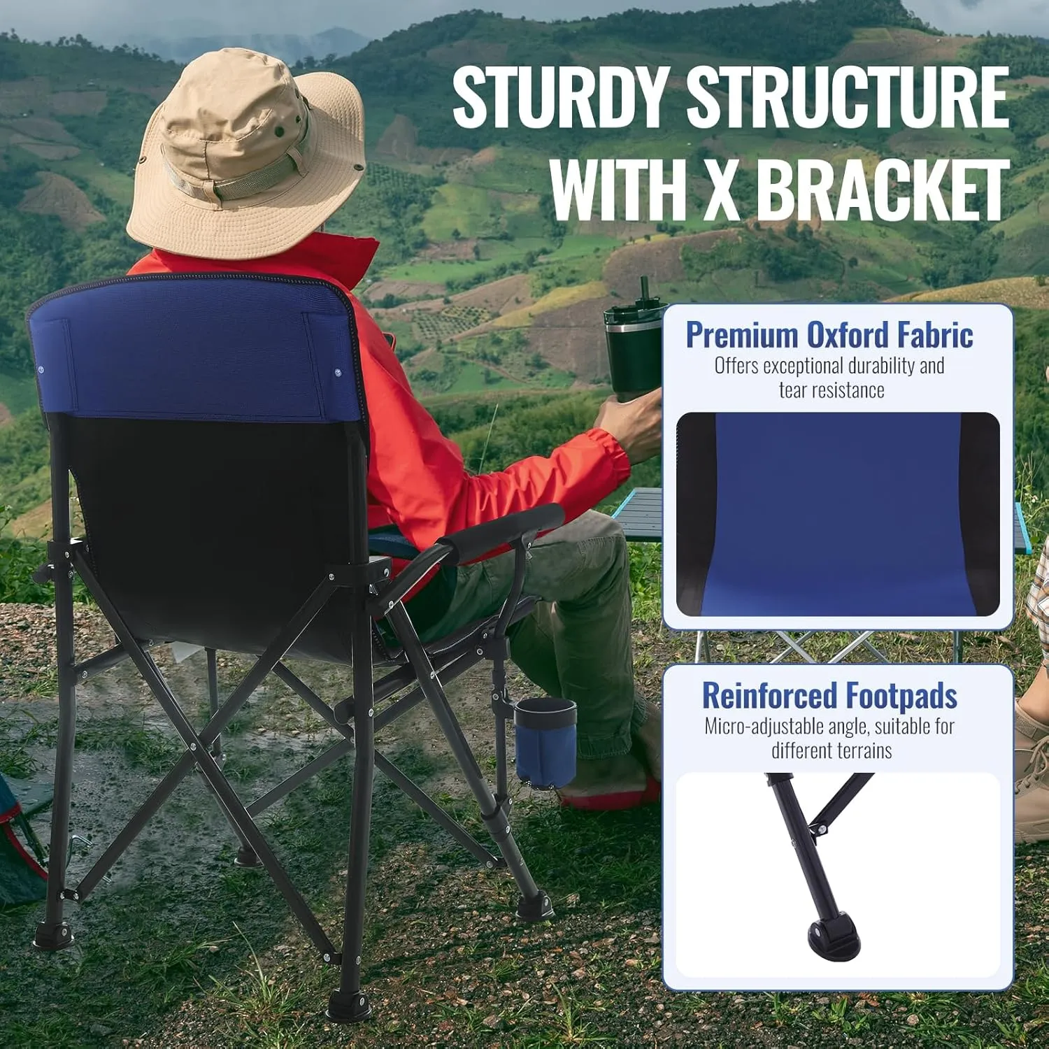 Camping Chairs for Adults, Heavy Duty Support 300 LBS Lawn Folding Chairs with Side Pocket & Cup Holder, for Camping, Fishing, Sports Event (Black&Blue)