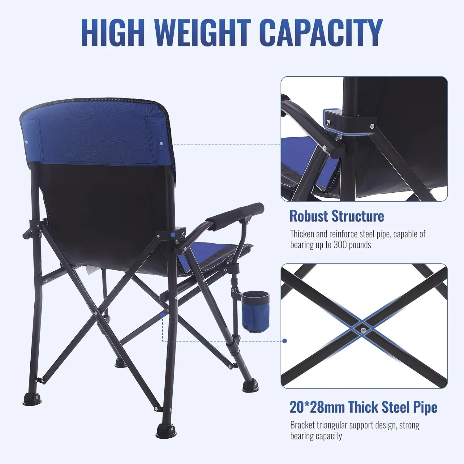 Camping Chairs for Adults, Heavy Duty Support 300 LBS Lawn Folding Chairs with Side Pocket & Cup Holder, for Camping, Fishing, Sports Event (Black&Blue)
