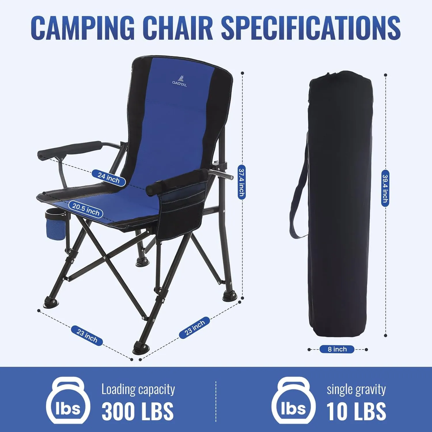 Camping Chairs for Adults, Heavy Duty Support 300 LBS Lawn Folding Chairs with Side Pocket & Cup Holder, for Camping, Fishing, Sports Event (Black&Blue)