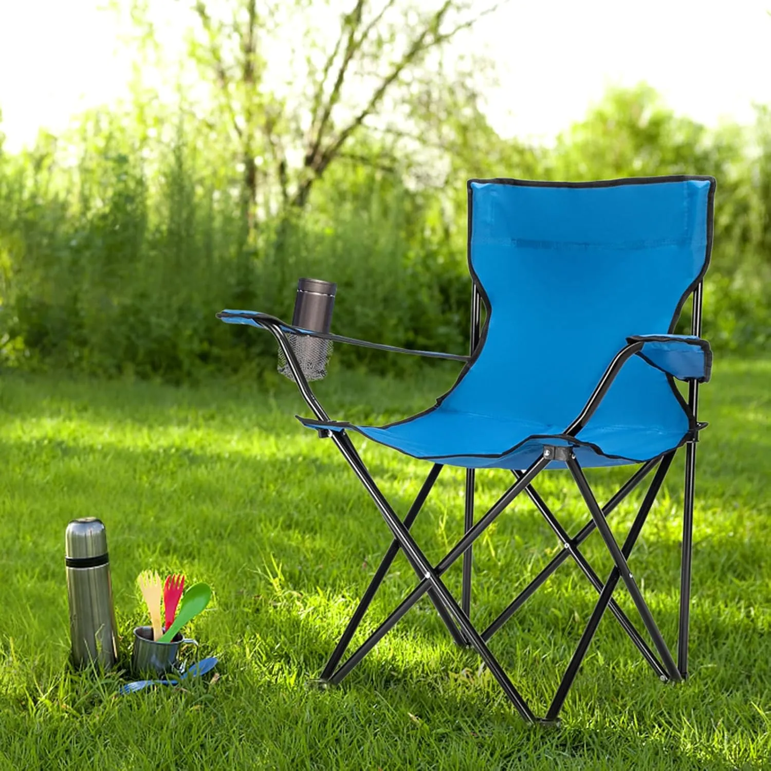 Camping Chairs for Adults with Cup Holder, Outdoor Portable Folding Lawn Chair, Lightweight and Supportive Chairs Ideal for Camping, Travel,Hiking, Beach, Fishing,Sports and Picnics - Carry Bag, Blue