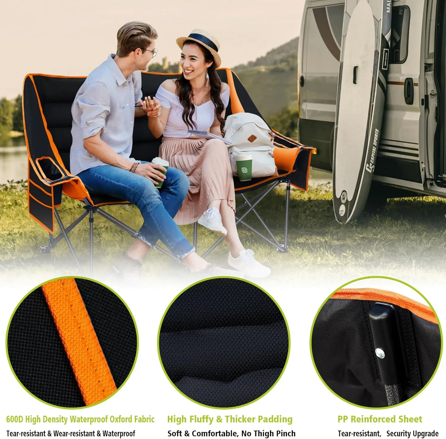 Camping Chairs Oversized Camping Chair Portable Double Camping Chair for Adults Heavy Duty Folding Chair Support 700LBS with Cup Holders & Large Side Organizer Pockets for Camping/Car Trunk/Campfires