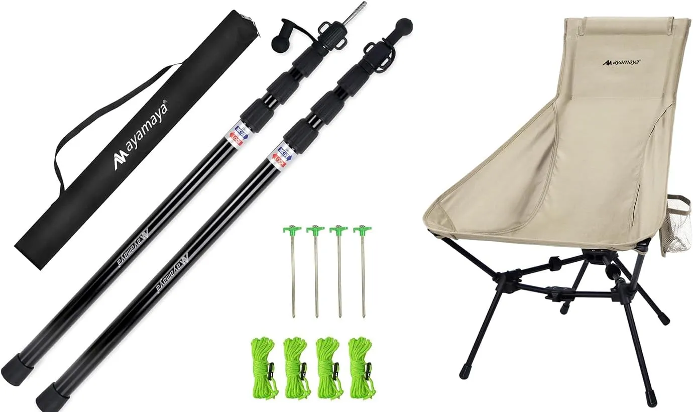 Camping Chiar   Tarp Poles, 2 Pcs Telescoping Tent Poles, Ultralight High Back Folding Chairs with Side Pockets for Outdoors Camping Backpacking