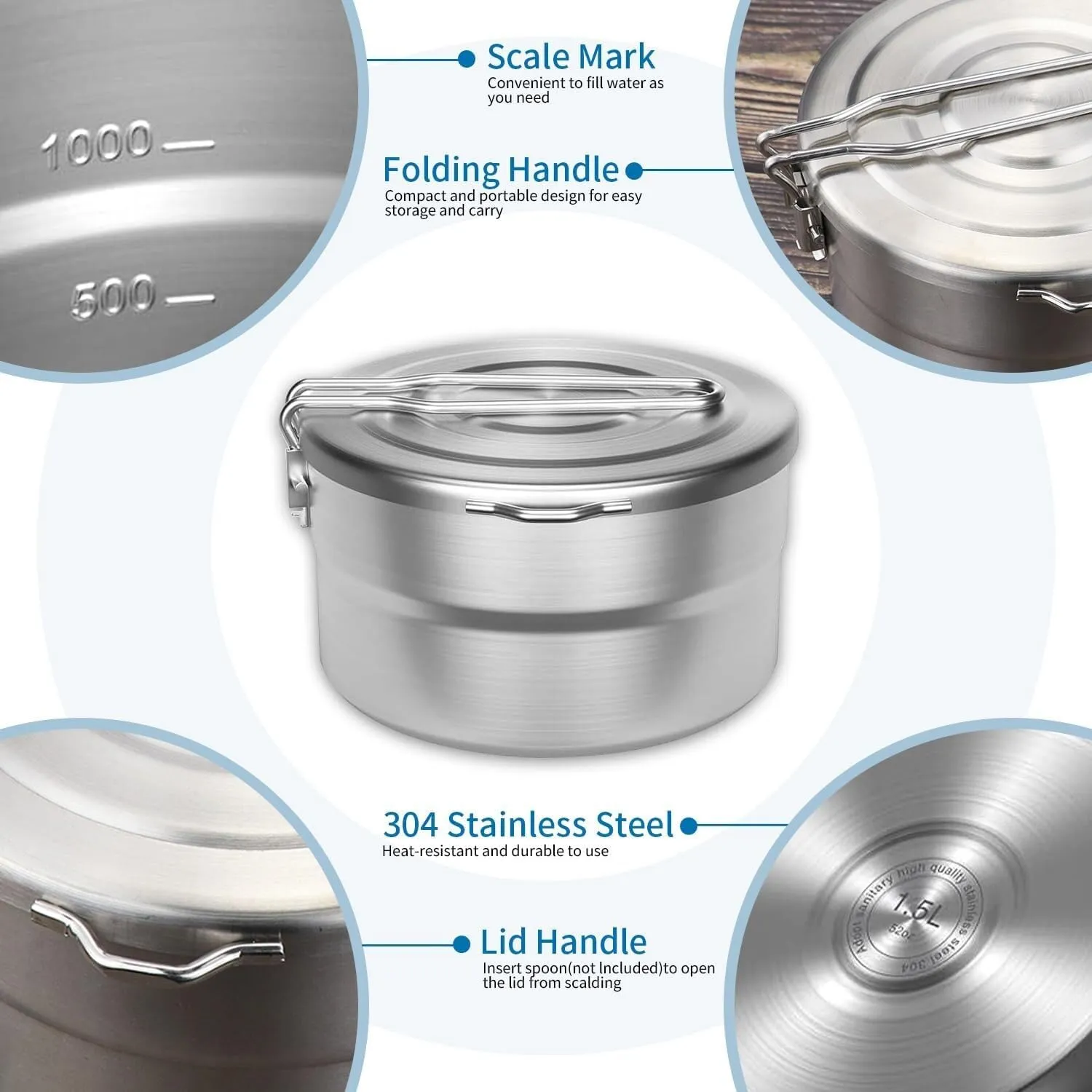Camping Cookware, Outdoor 304 Stainless Steel Lunch Box Camping Pot Convenient Folding Handle Picnic Cooking Pot Portable Stove