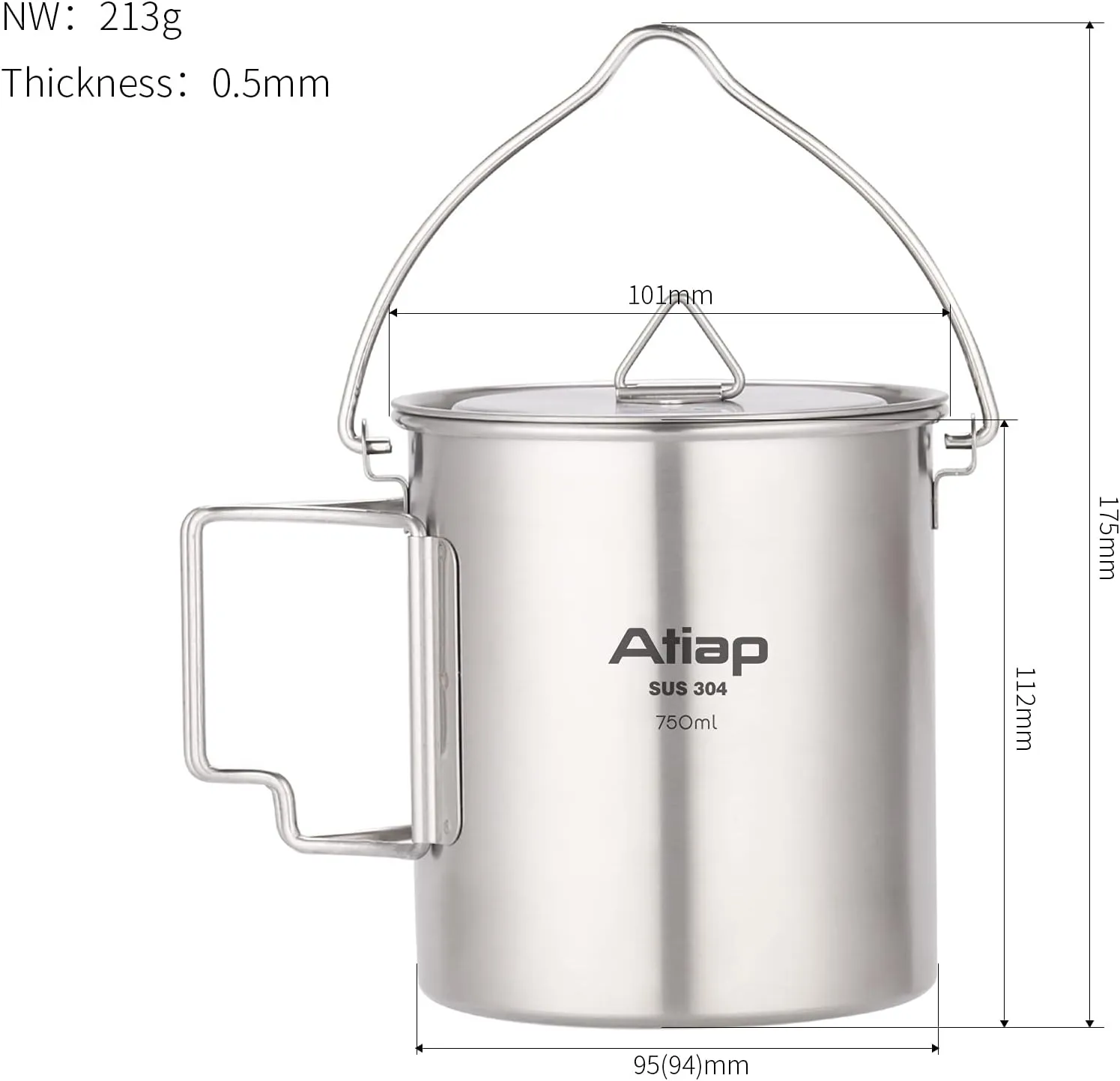 Camping Cup Pot Stainless Steel 750ML Camping Water Mug with Foldable Handles and Lid Portable for Outdoor Camping Backpacking Hiking (750ml Pot with Bail Handle)