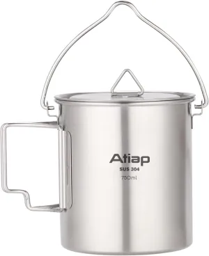 Camping Cup Pot Stainless Steel 750ML Camping Water Mug with Foldable Handles and Lid Portable for Outdoor Camping Backpacking Hiking (750ml Pot with Bail Handle)