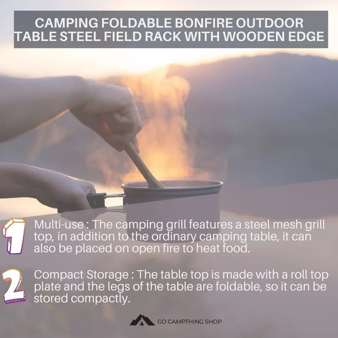 Camping Foldable Bonfire Outdoor Table Steel Field Rack with Wooden Edge