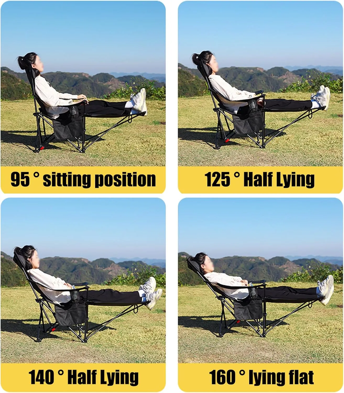 Camping Folding Chair - Outdoor Recliner, Four Adjustable Angles, Detachable Foot Rest, Side Storage Bag, Load-bearing Capacity of 150kg, Suitable for Camping and Beach, 53CM*165CM*80CM, Black