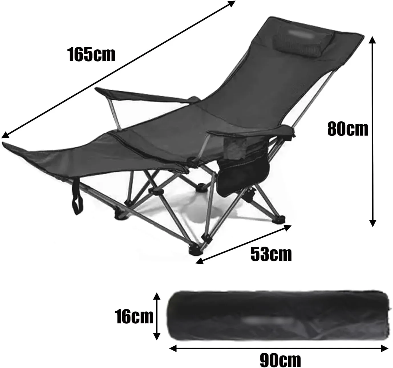 Camping Folding Chair - Outdoor Recliner, Four Adjustable Angles, Detachable Foot Rest, Side Storage Bag, Load-bearing Capacity of 150kg, Suitable for Camping and Beach, 53CM*165CM*80CM, Black
