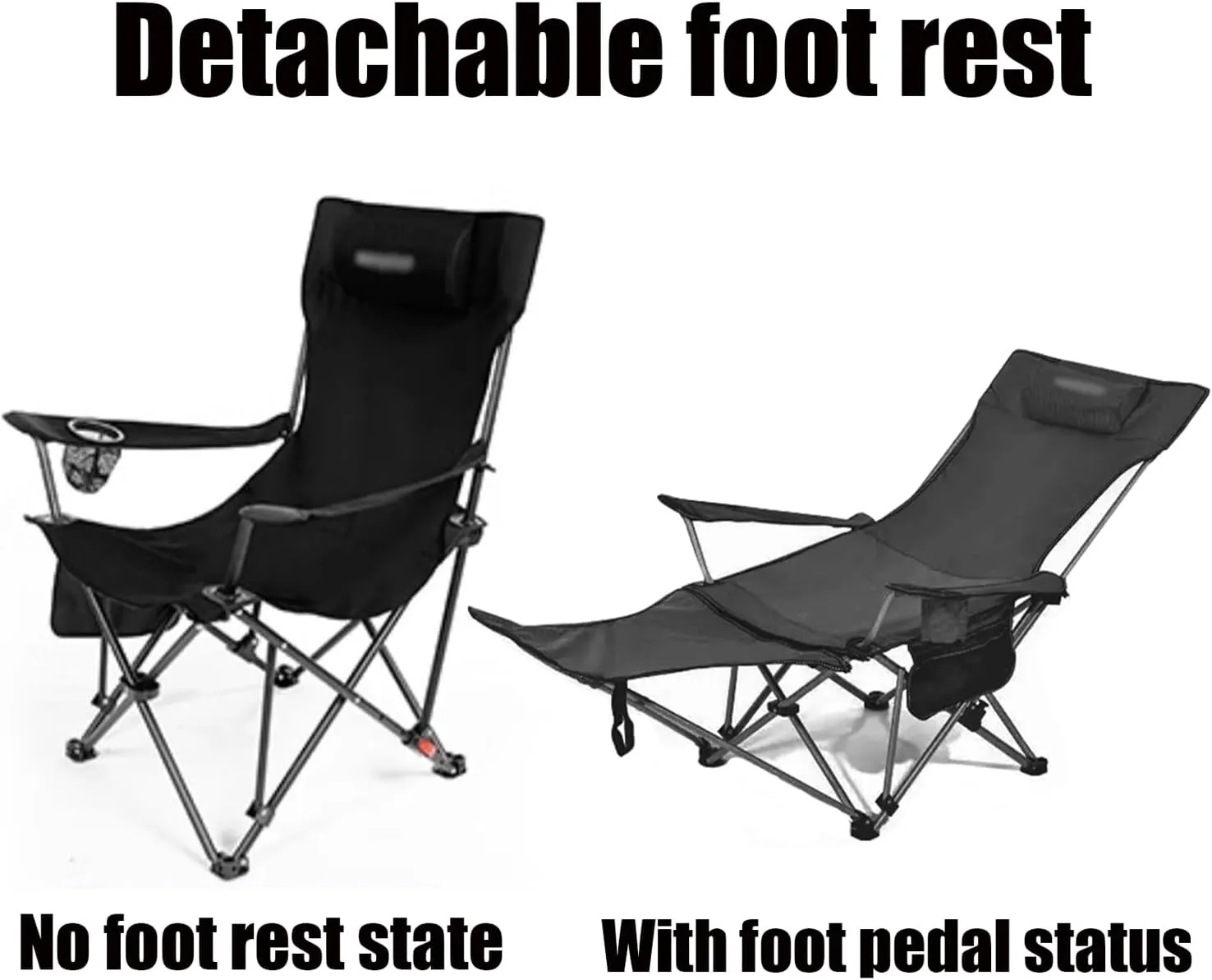 Camping Folding Chair - Outdoor Recliner, Four Adjustable Angles, Detachable Foot Rest, Side Storage Bag, Load-bearing Capacity of 150kg, Suitable for Camping and Beach, 53CM*165CM*80CM, Black