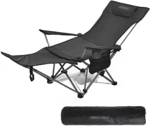 Camping Folding Chair - Outdoor Recliner, Four Adjustable Angles, Detachable Foot Rest, Side Storage Bag, Load-bearing Capacity of 150kg, Suitable for Camping and Beach, 53CM*165CM*80CM, Black