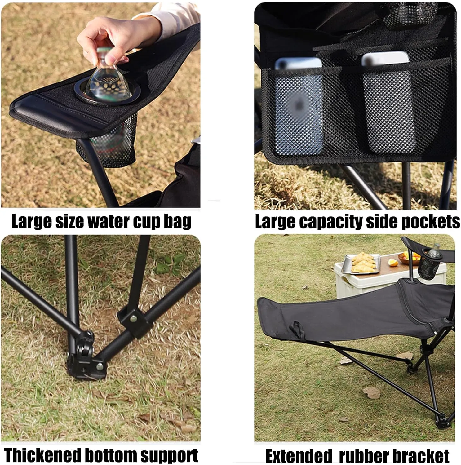 Camping Folding Chair - Outdoor Recliner, Four Adjustable Angles, Detachable Foot Rest, Side Storage Bag, Load-bearing Capacity of 150kg, Suitable for Camping and Beach, 53CM*165CM*80CM, Black