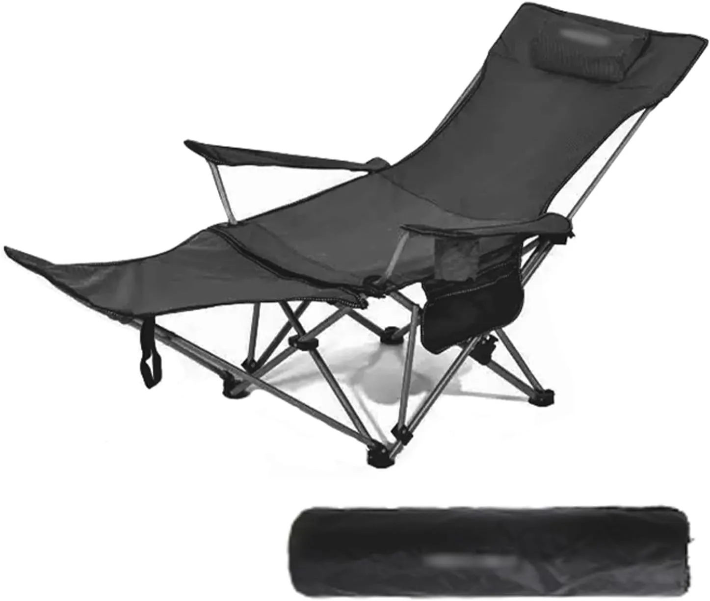 Camping Folding Chair - Outdoor Recliner, Four Adjustable Angles, Detachable Foot Rest, Side Storage Bag, Load-bearing Capacity of 150kg, Suitable for Camping and Beach, 53CM*165CM*80CM, Black