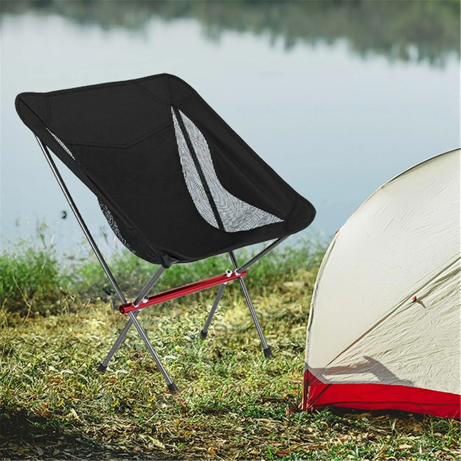 Camping Folding Stools Outdoor Folding Chair Ultralight Moon Chair Aluminum Alloy Convenient Lazy Backrest Leisure Home Camping Beach Fishing Chair(Grey)