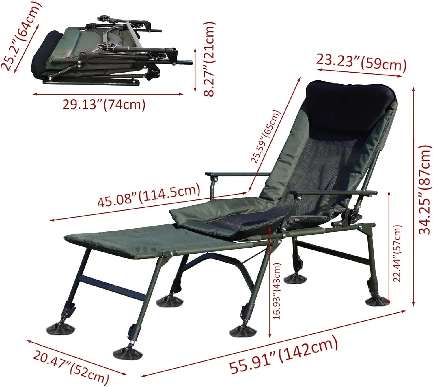 Camping Lounge Chair, Portable Folding Reclining Camping Chair with Adjustable backrest for Indoor and Outdoor, Camping, Beach, Hiking, Fishing (Black Green-Upgrade)