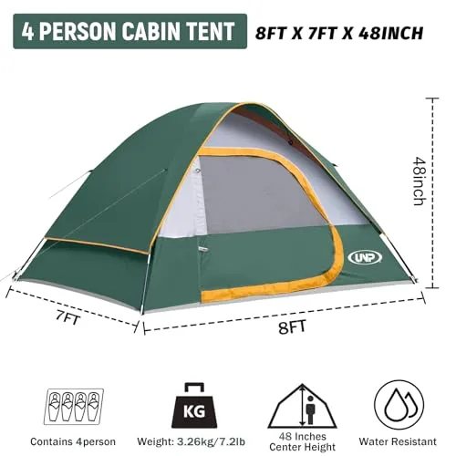 Camping Tent 4 Person Waterproof Windproof Tent w/ Rainfly Easy Set up, Portable Dome Tents for Camping