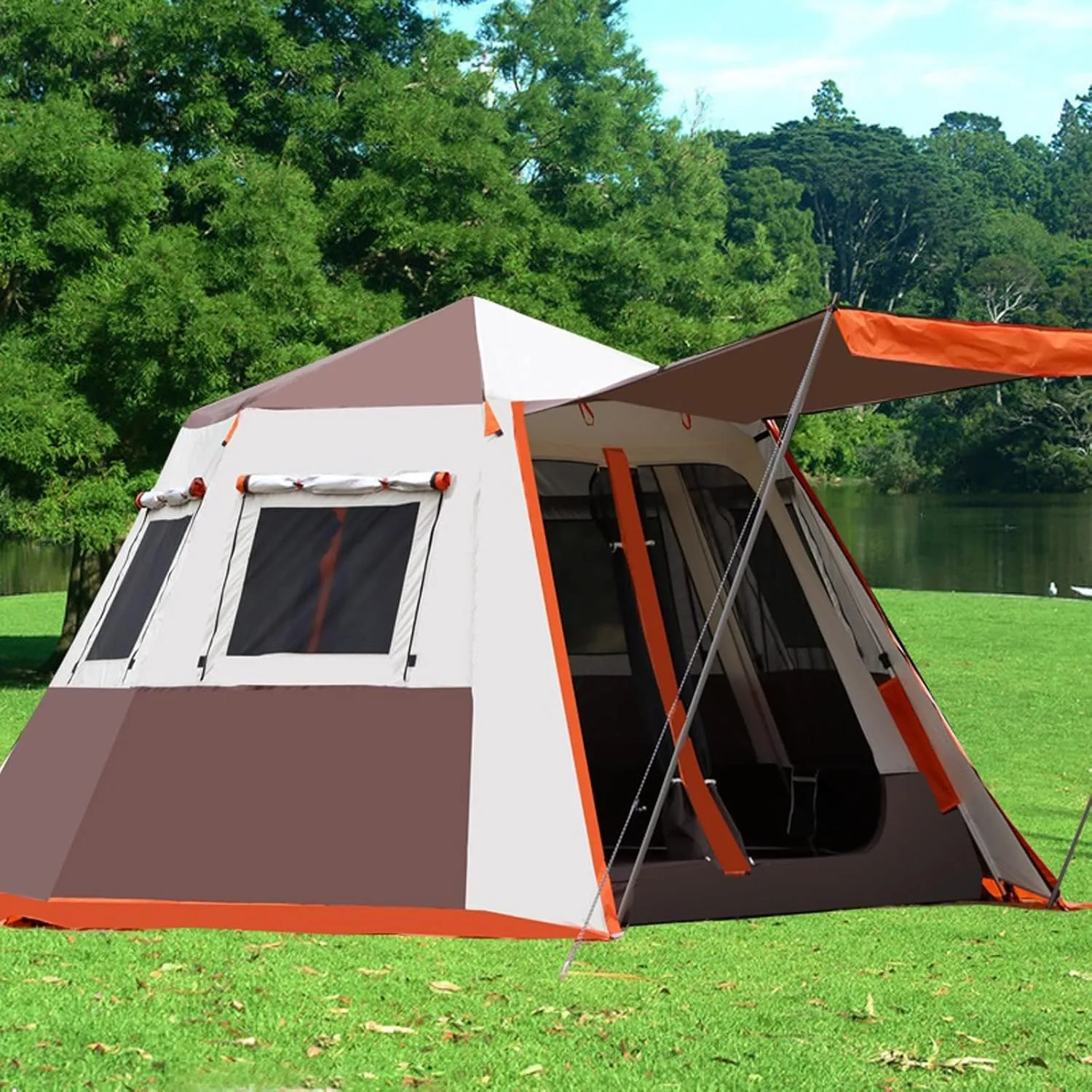 Camping Tent Size Hexagon Tent Aluminum Pole Outdoor Automatic Portable Padded Rainproof Camping Fully Quick Open 2rooms Luxury Tent