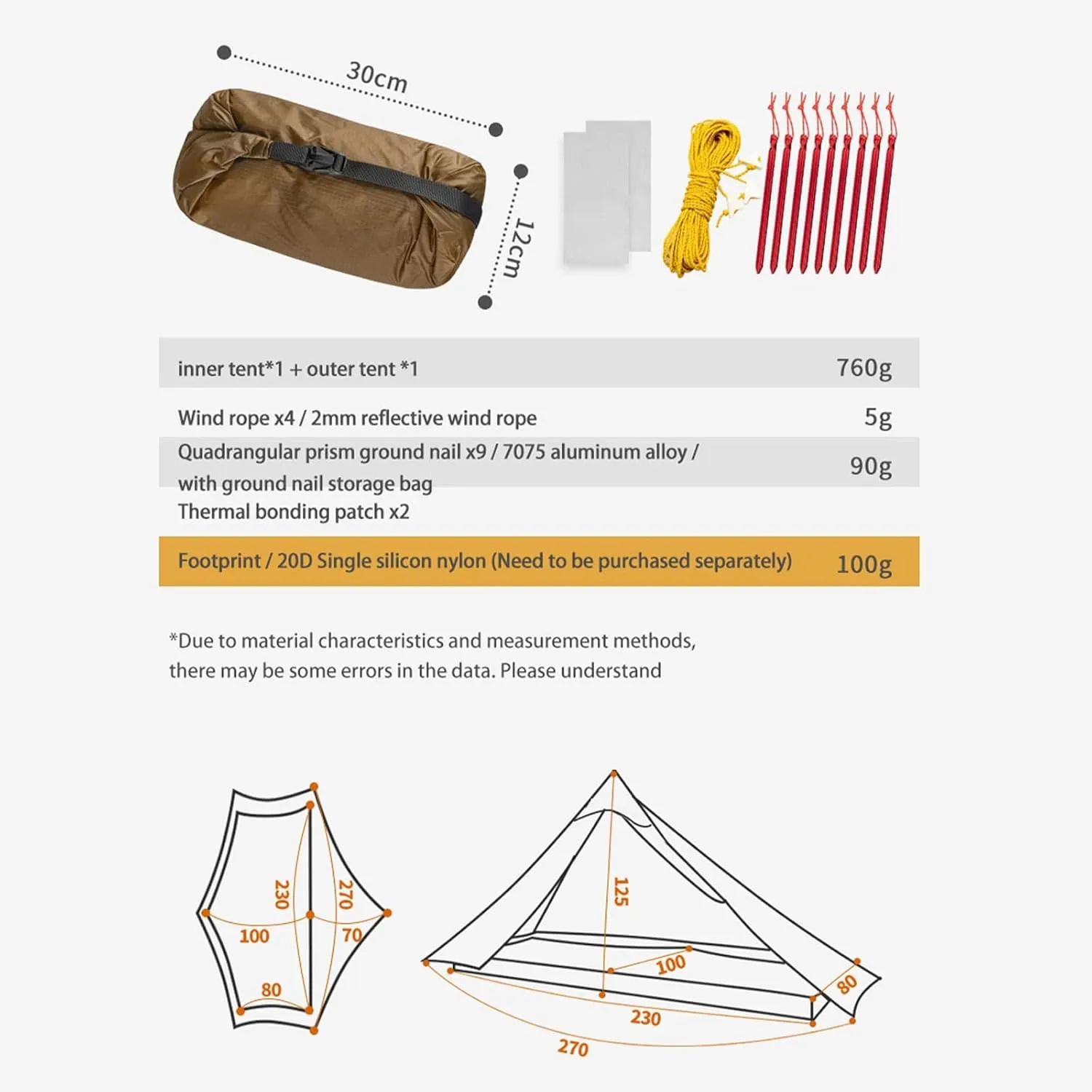 Camping Tents,2022 New Version 230cm Ultralight Camping 3/4 Season 15d Silnylon Rodless Tent (Color : Green, Size : 1P 4 Season)