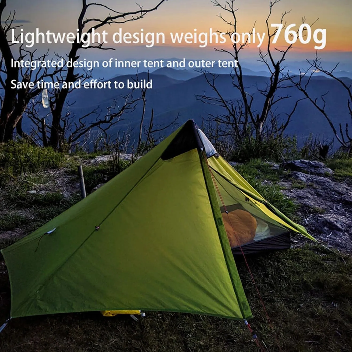Camping Tents,2022 New Version 230cm Ultralight Camping 3/4 Season 15d Silnylon Rodless Tent (Color : Green, Size : 1P 4 Season)