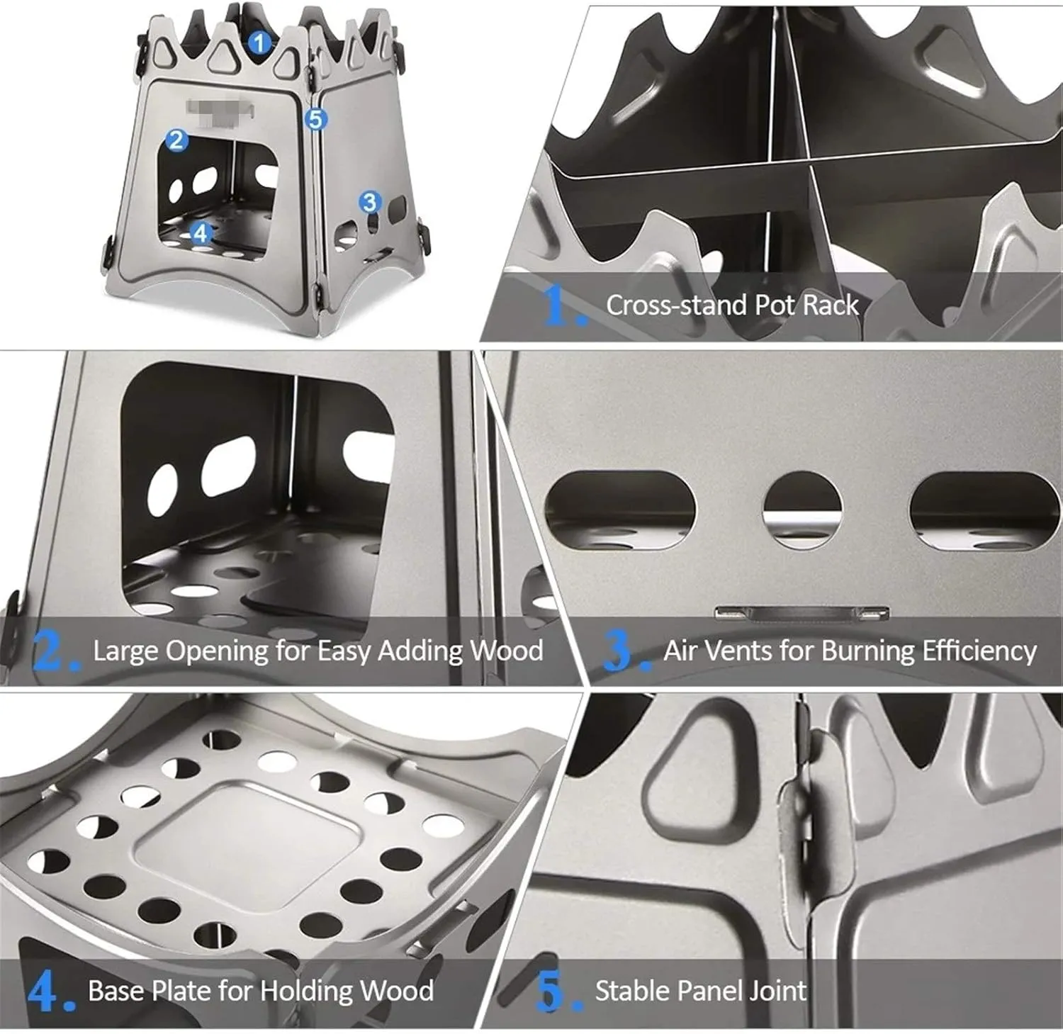 Camping Wood Stove Folding Fuel Camp Stove Titanium Wood Burning Stove Backpacking Stove Convenient Storage (Color : Silver, Size : One Size) (Silver One Size)