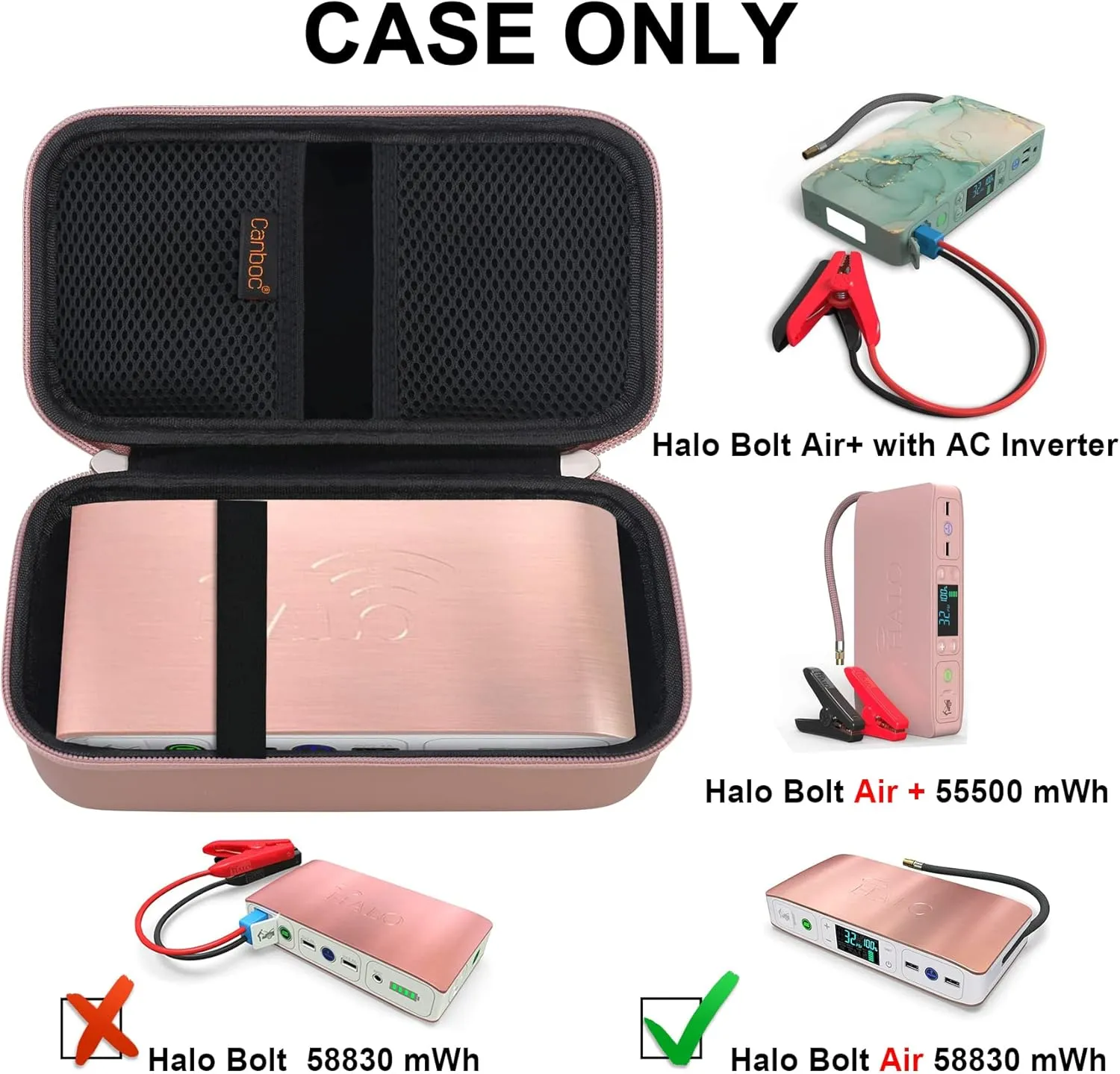 Canboc Hard Carrying Case for Halo Bolt Air 58830 mWh/Halo Bolt Air  55500/HALO Bolt Air  1750 Portable Car Battery Jump Starter, Mesh Bag fit Jump Cables, AC Outlet, Charger, Rose Gold