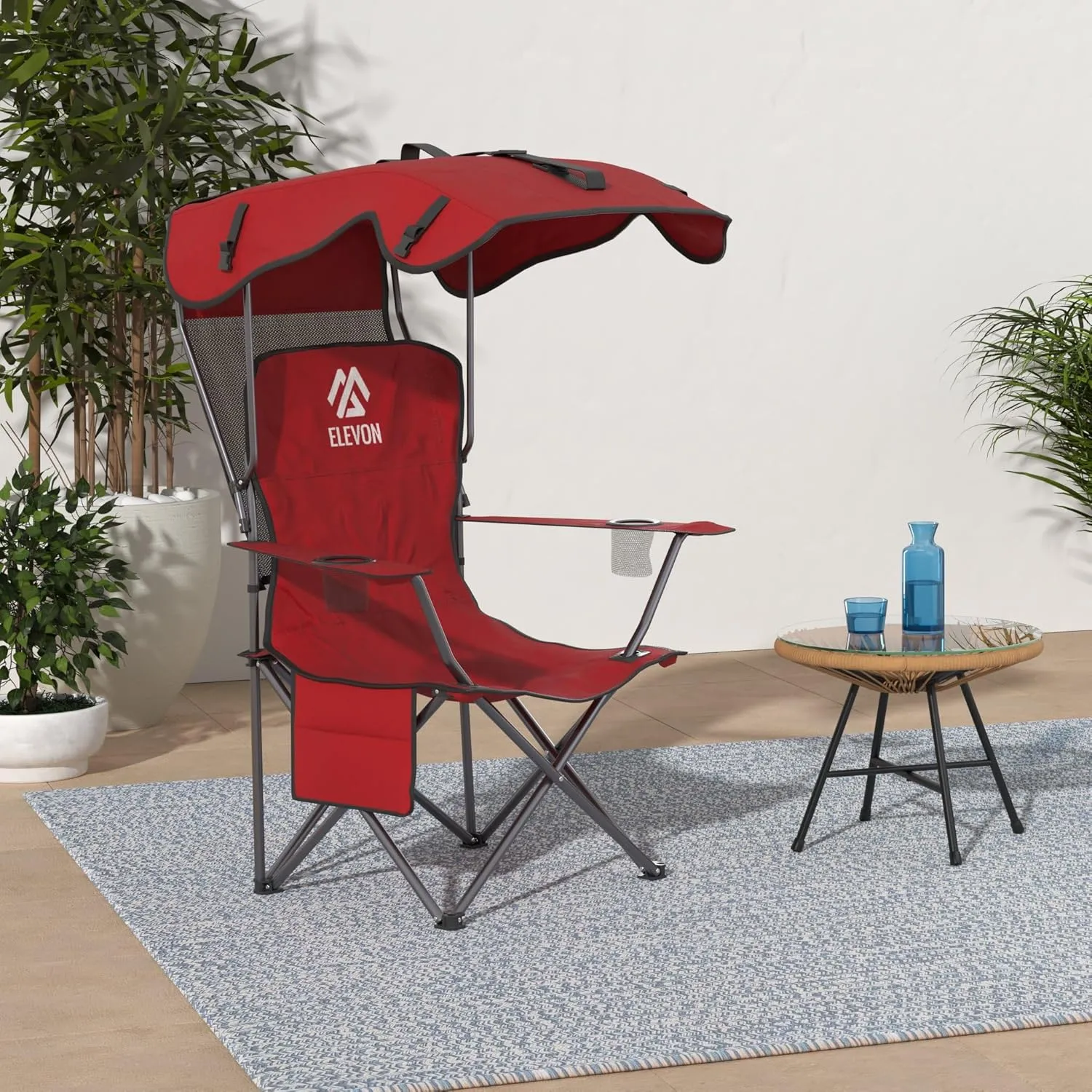 Canopy Chair Folding Camping Recliner Support with Carrying Bag, Burgundy