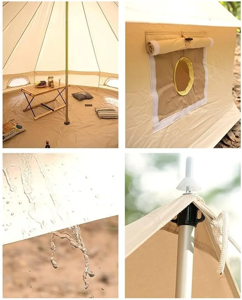 Canvas Bell Tent -Camping Pyramid Tipi Tents 4-Person Waterproof UV Resistant Family Outdoor 3 Seasons with Stove Hole Yurt Tent