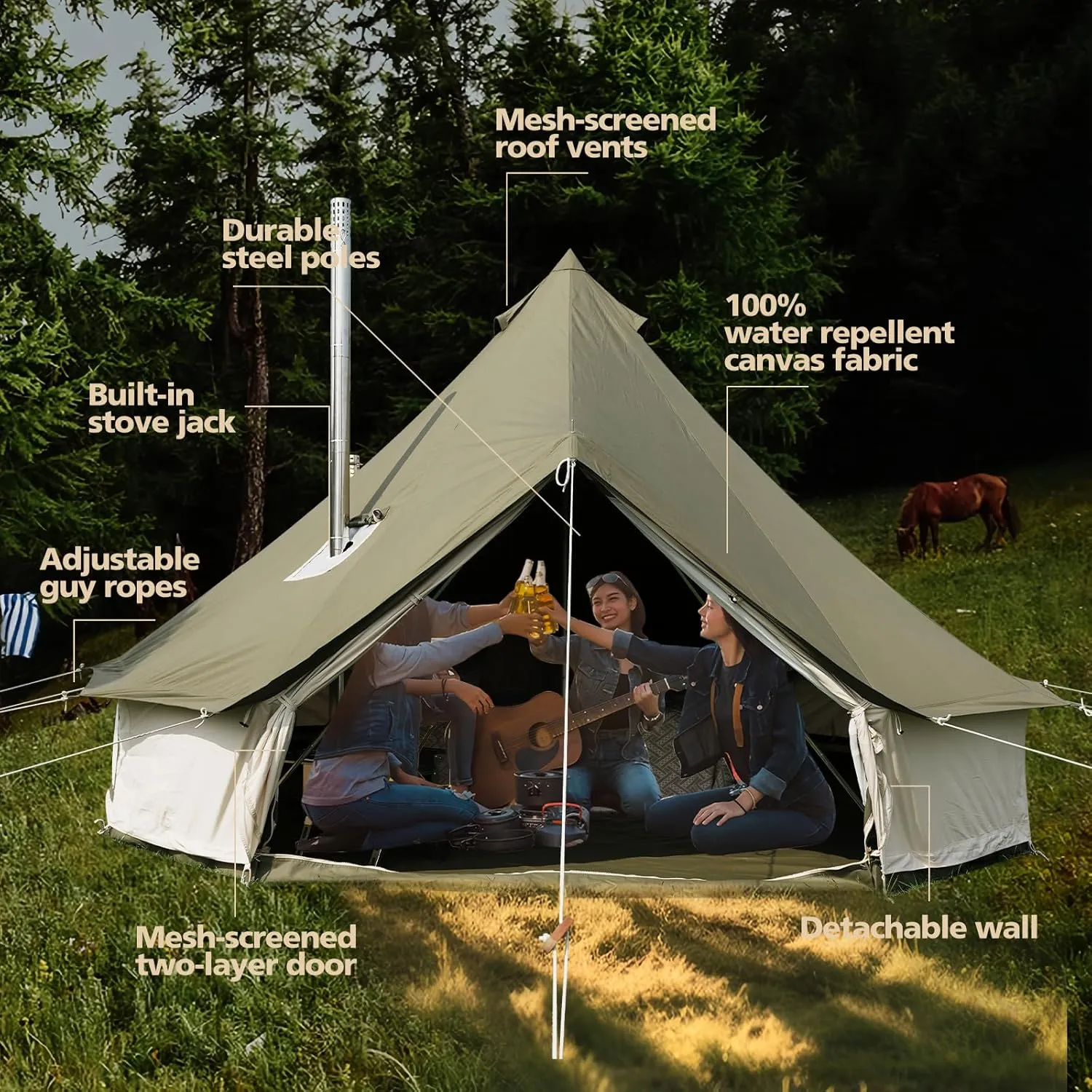 Canvas Tent Bell Tent,Yurt Tent with Stove Jack,4 Season Tent with Zipped Removable Floor,Family Camping Outdoor Hunting Party