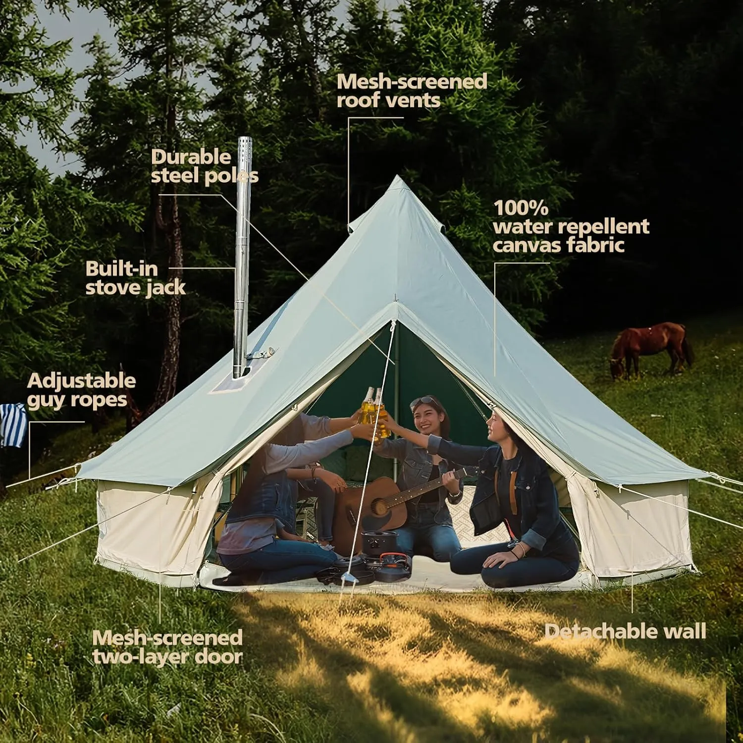 Canvas Tent Bell Tent,Yurt Tent with Stove Jack,4 Season Tent with Zipped Removable Floor,Family Camping Outdoor Hunting Party