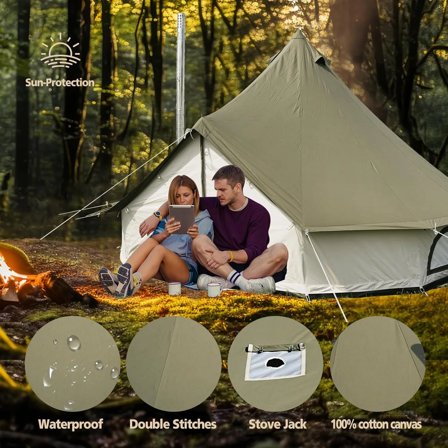 Canvas Tent Bell Tent,Yurt Tent with Stove Jack,4 Season Tent with Zipped Removable Floor,Family Camping Outdoor Hunting Party