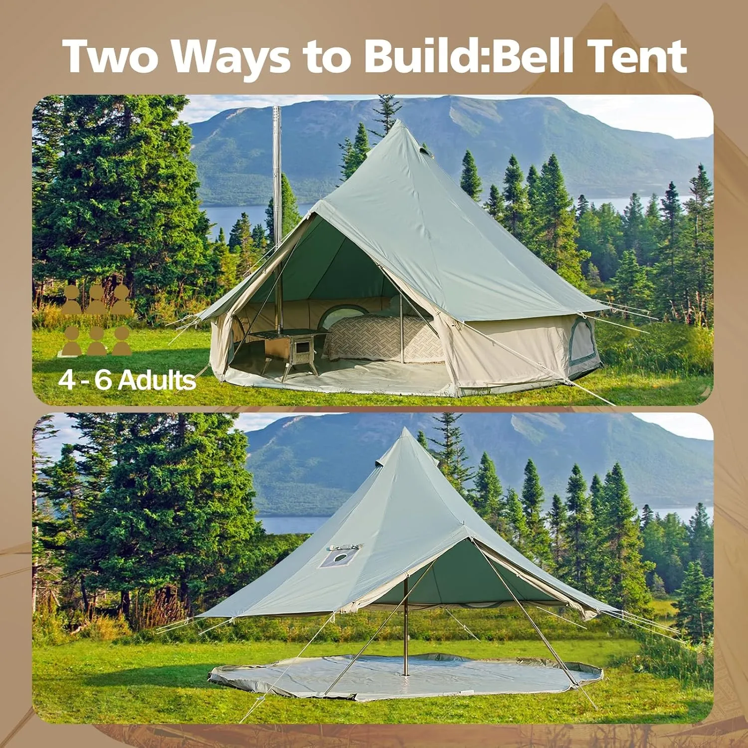Canvas Tent Bell Tent,Yurt Tent with Stove Jack,4 Season Tent with Zipped Removable Floor,Family Camping Outdoor Hunting Party