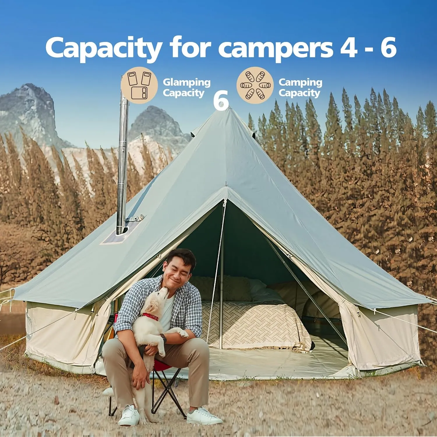 Canvas Tent Bell Tent,Yurt Tent with Stove Jack,4 Season Tent with Zipped Removable Floor,Family Camping Outdoor Hunting Party