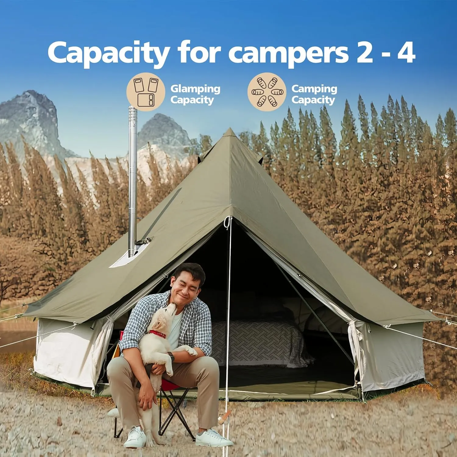 Canvas Tent Bell Tent,Yurt Tent with Stove Jack,4 Season Tent with Zipped Removable Floor,Family Camping Outdoor Hunting Party
