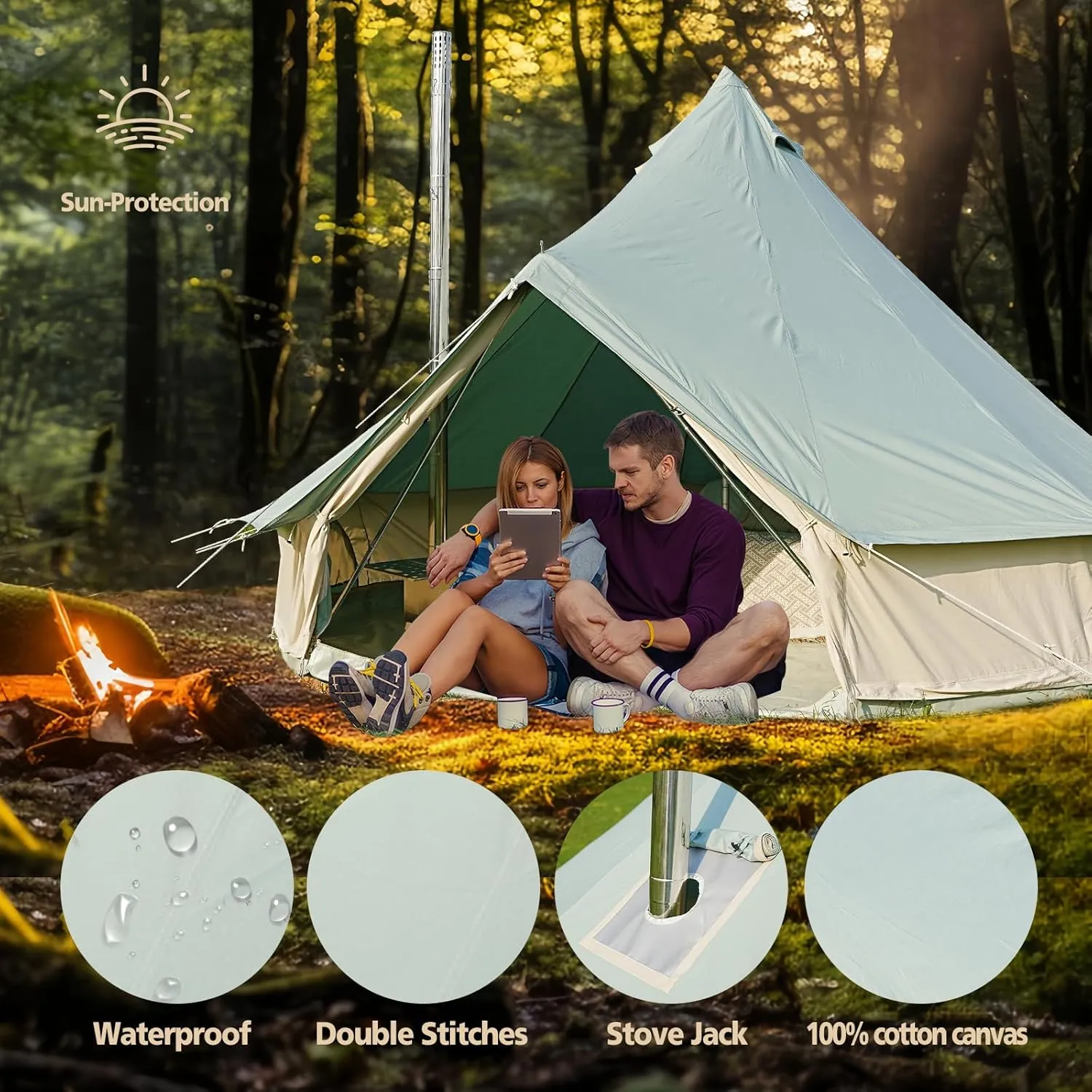 Canvas Tent Bell Tent,Yurt Tent with Stove Jack,4 Season Tent with Zipped Removable Floor,Family Camping Outdoor Hunting Party