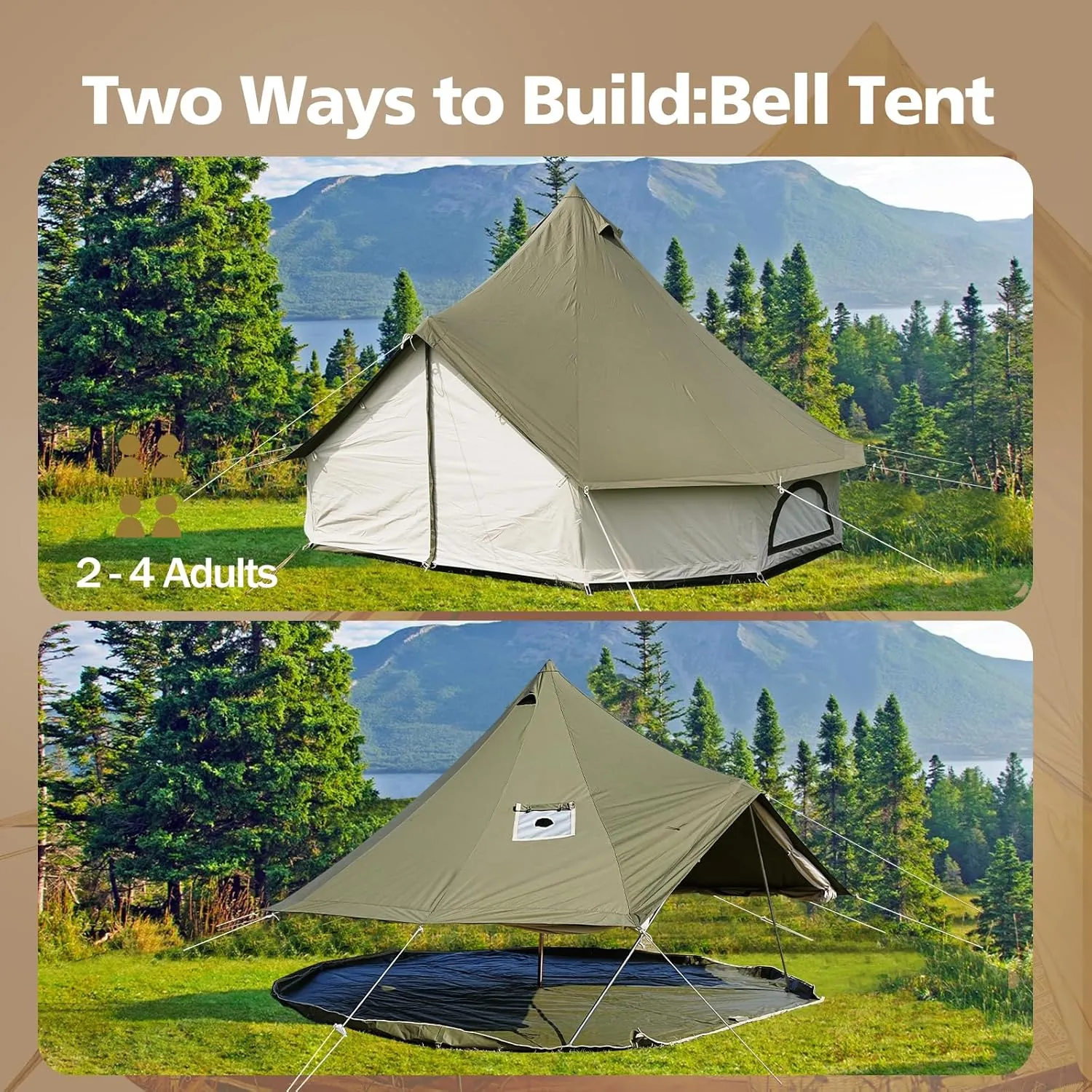 Canvas Tent Bell Tent,Yurt Tent with Stove Jack,4 Season Tent with Zipped Removable Floor,Family Camping Outdoor Hunting Party