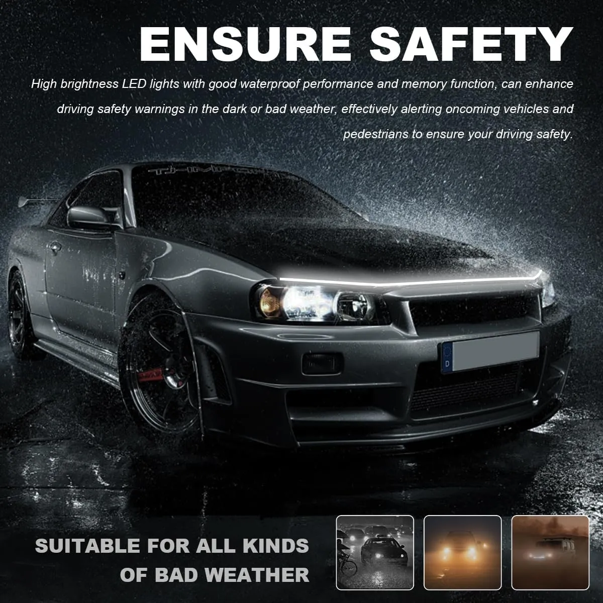 Car Hood Light Strip, 59 Inch Flexible Dynamic Engine LED Daytime Running Light Strip, Universal Waterproof Engine Hood Cover Decor Headlight Strip for Cars Trucks SUVs (White, 59 Inch)