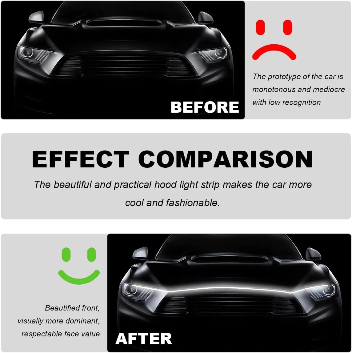 Car Hood Light Strip, 59 Inch Flexible Dynamic Engine LED Daytime Running Light Strip, Universal Waterproof Engine Hood Cover Decor Headlight Strip for Cars Trucks SUVs (White, 59 Inch)