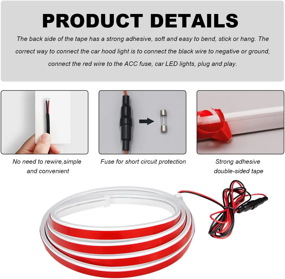 Car Hood Light Strip, 59 Inch Flexible Dynamic Engine LED Daytime Running Light Strip, Universal Waterproof Engine Hood Cover Decor Headlight Strip for Cars Trucks SUVs (White, 59 Inch)